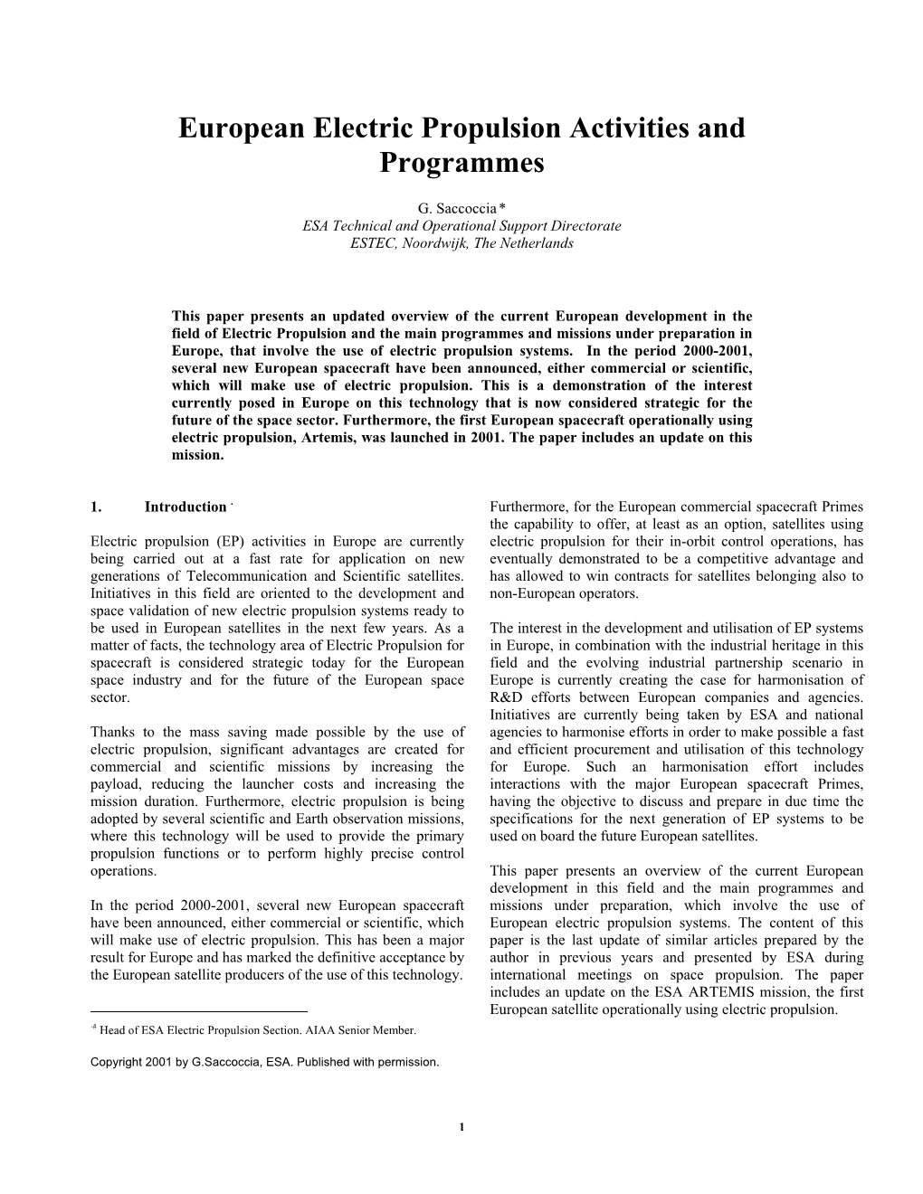 European Electric Propulsion Activities and Programmes