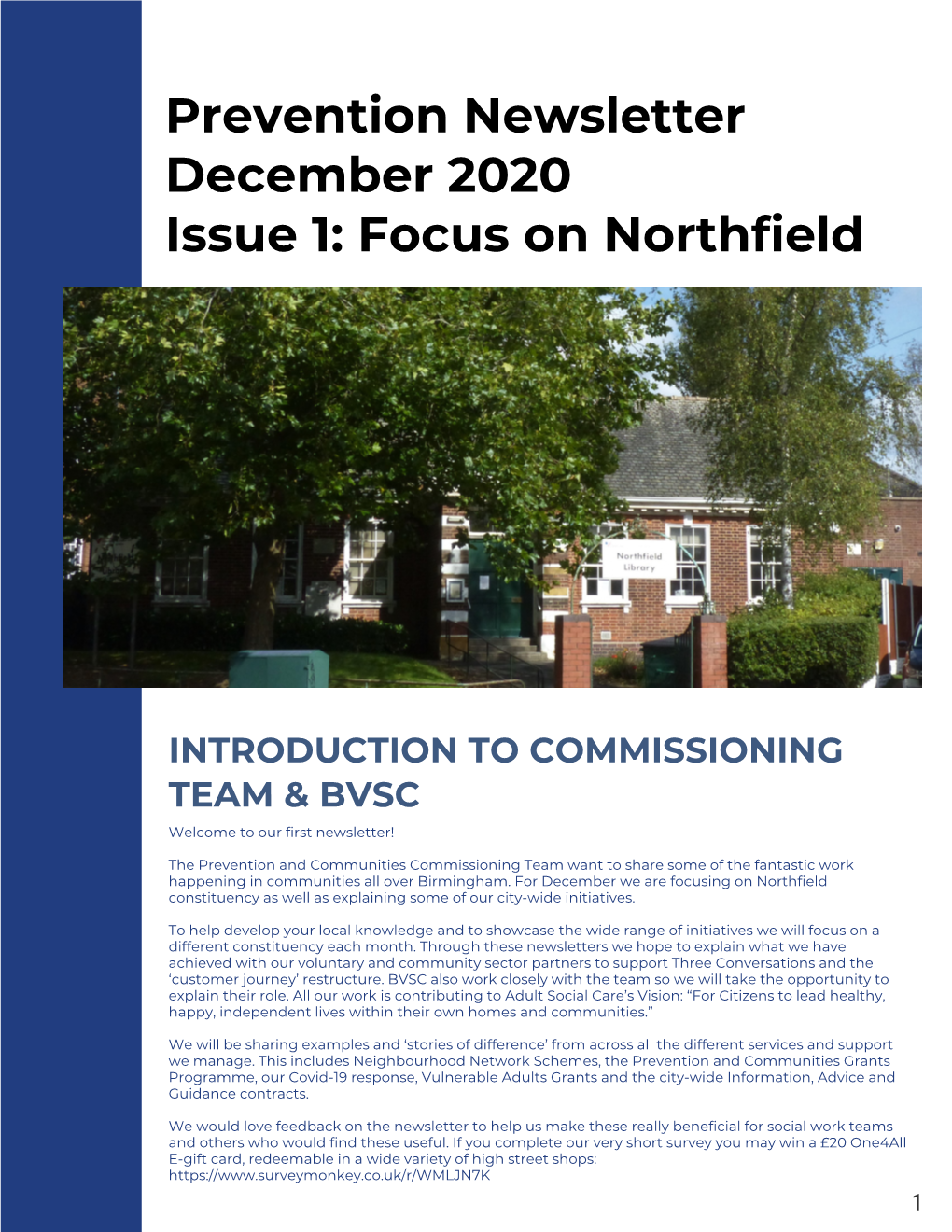 Prevention Newsletter December 2020 Issue 1: Focus on Northfield