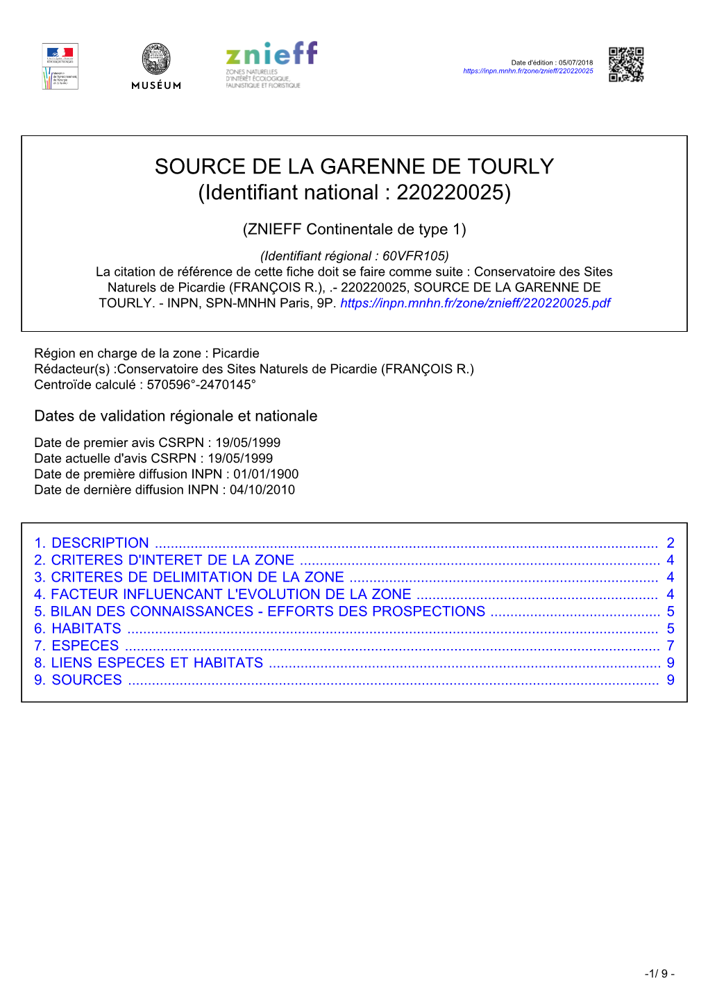 SOURCE DE LA GARENNE DE TOURLY (Identifiant National : 220220025)