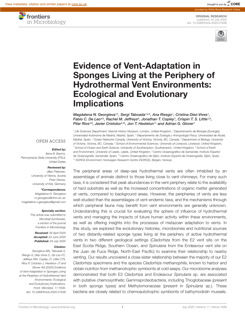 Evidence of Vent-Adaptation in Sponges Living at the Periphery of Hydrothermal Vent Environments: Ecological and Evolutionary Implications