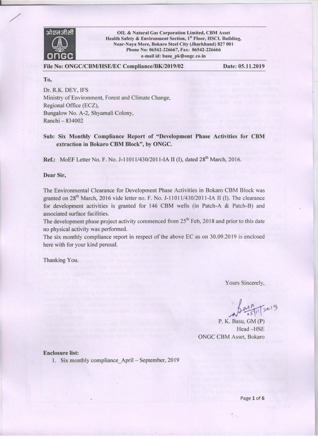 Bokaro CBM Block Six Monthly Compliance – April to September, 2019 Ref