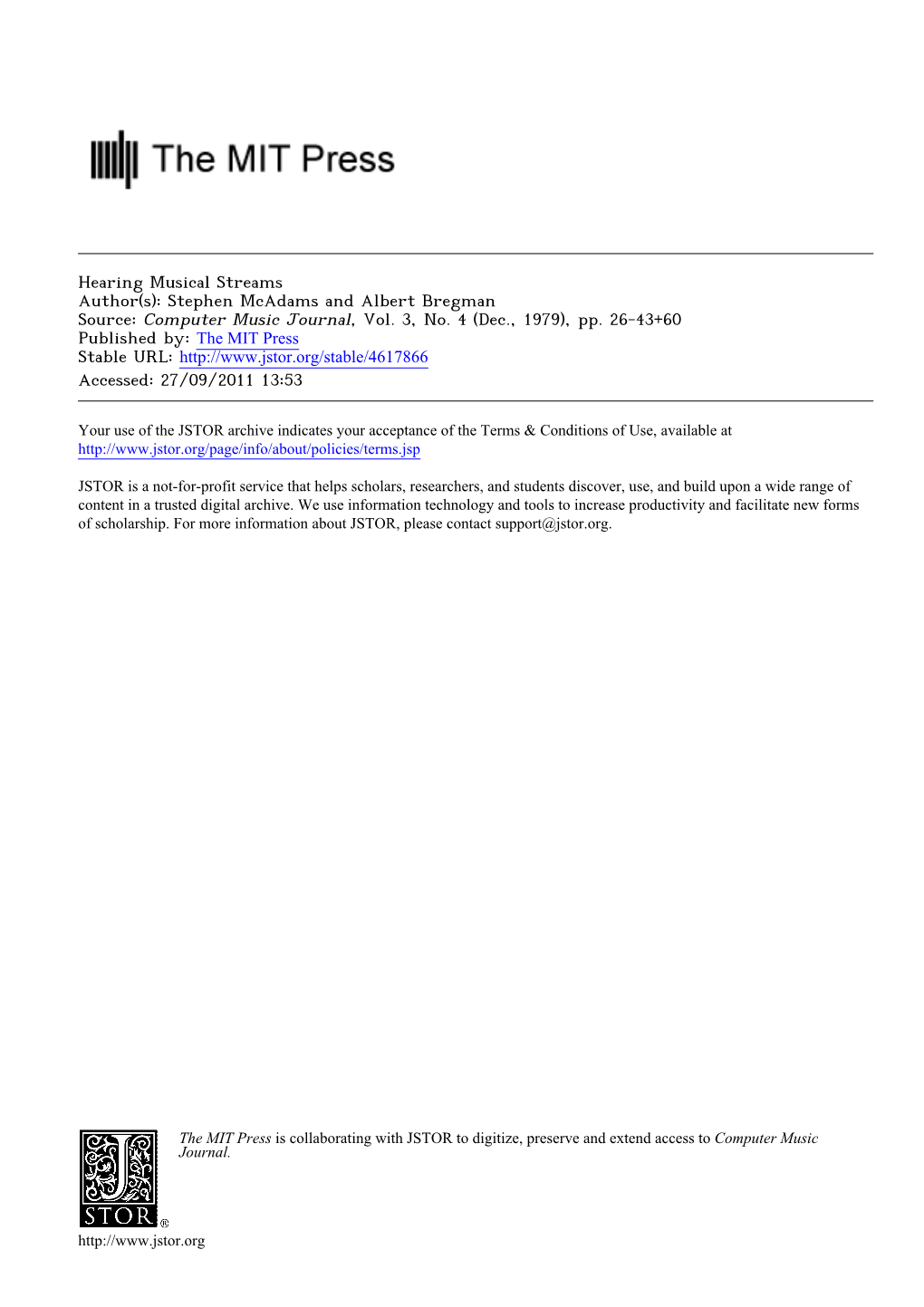 Hearing Musical Streams Author(S): Stephen Mcadams and Albert Bregman Source: Computer Music Journal, Vol