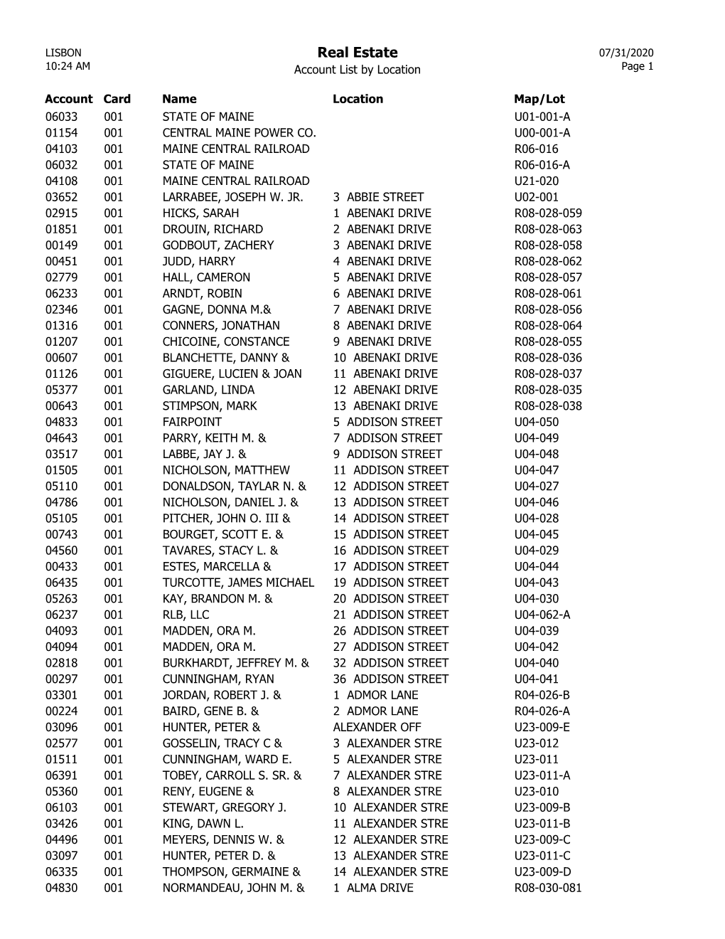 Real Estate 07/31/2020 10:24 AM Account List by Location Page 1