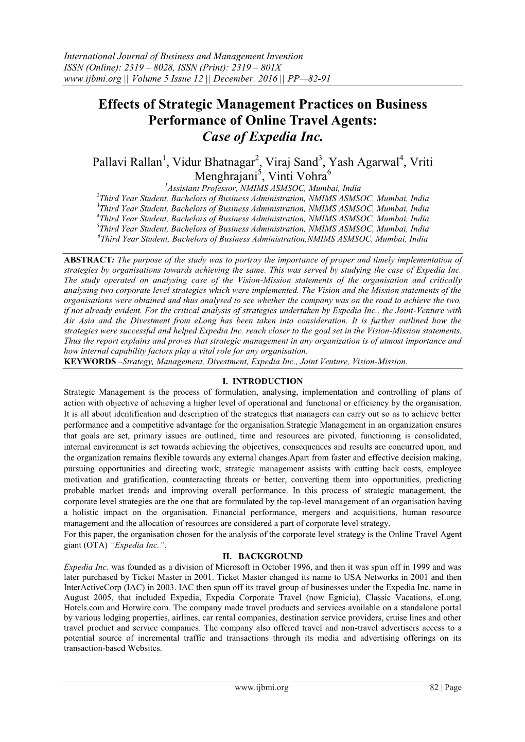 Effects of Strategic Management Practices on Business Performance of Online Travel Agents: Case of Expedia Inc