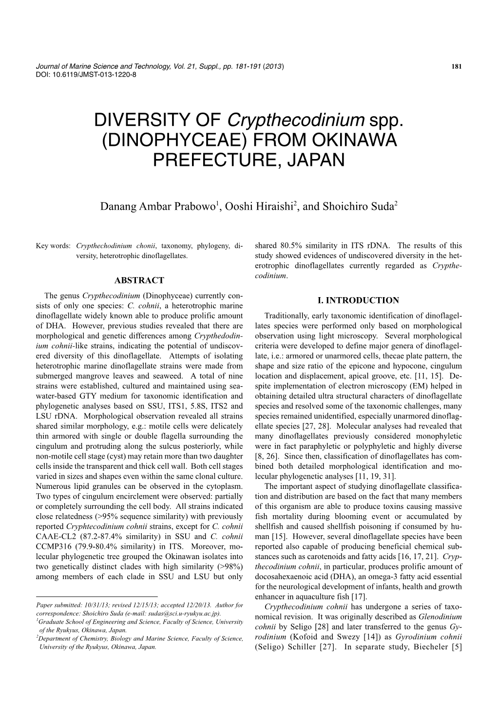 DIVERSITY of Crypthecodinium Spp. (DINOPHYCEAE) from OKINAWA PREFECTURE, JAPAN