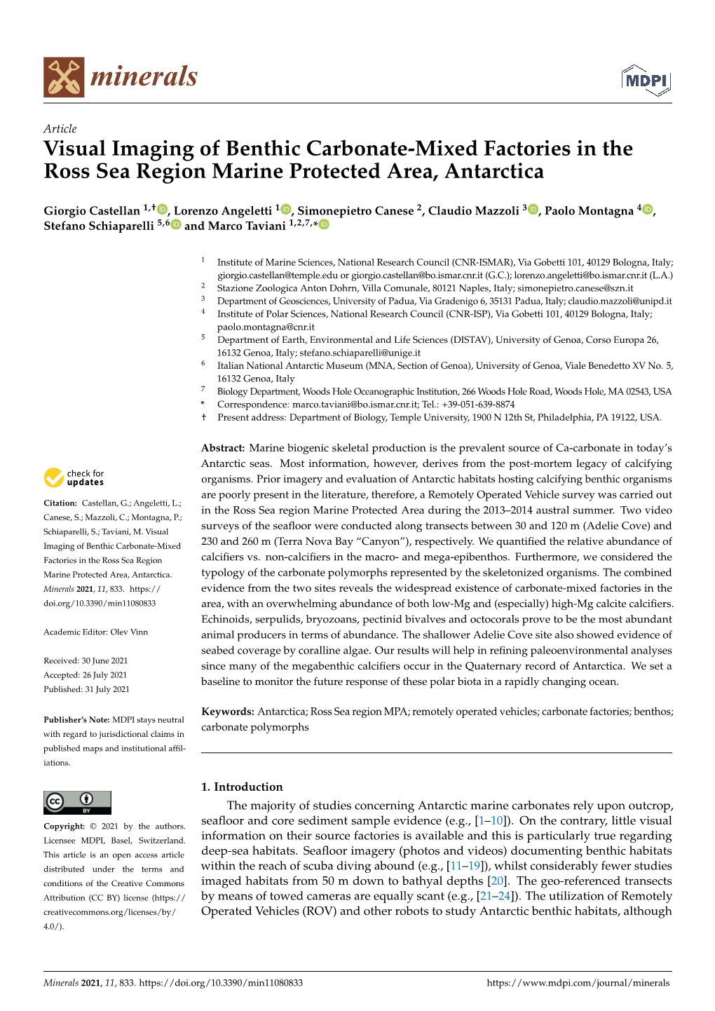 Visual Imaging of Benthic Carbonate-Mixed Factories in the Ross Sea Region Marine Protected Area, Antarctica