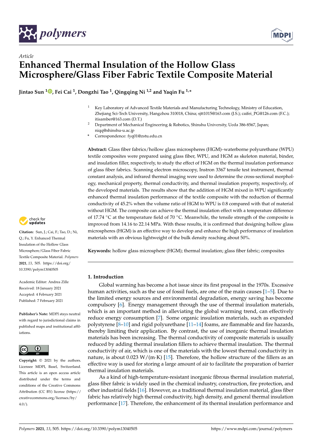 Enhanced Thermal Insulation of the Hollow Glass Microsphere/Glass Fiber Fabric Textile Composite Material