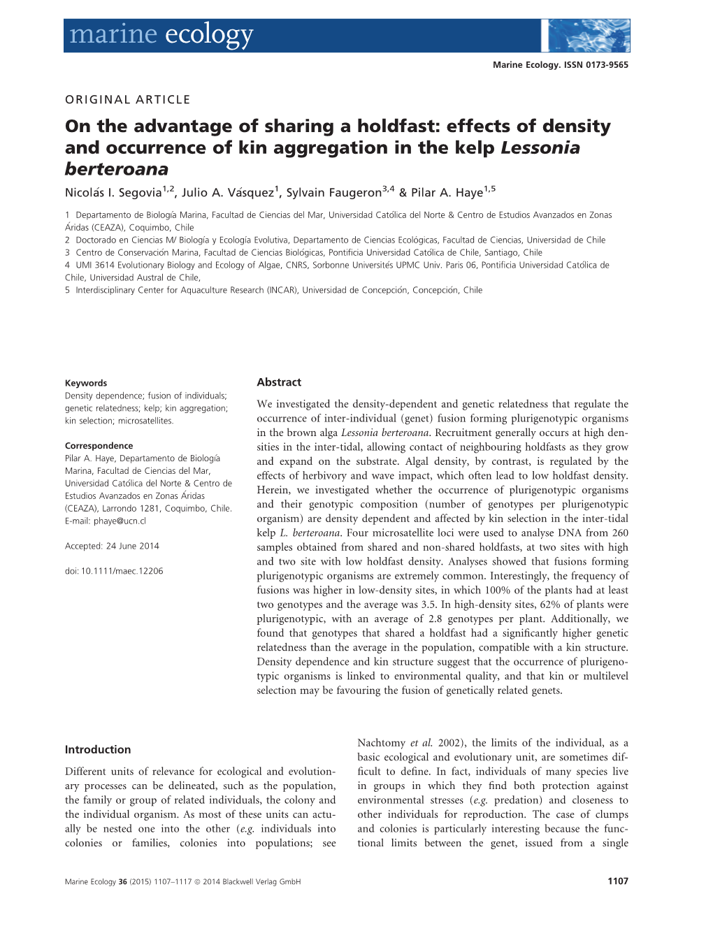 Effects of Density and Occurrence of Kin Aggregation in the Kelp Lessonia Berteroana