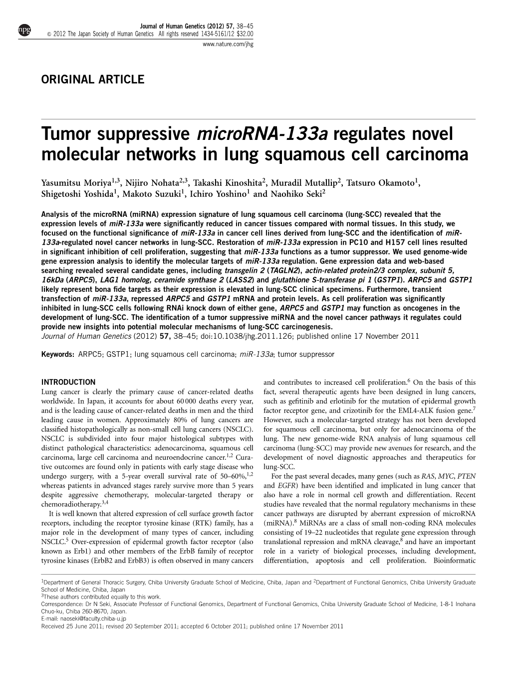 Tumor Suppressive Microrna-133A Regulates Novel Molecular Networks in Lung Squamous Cell Carcinoma