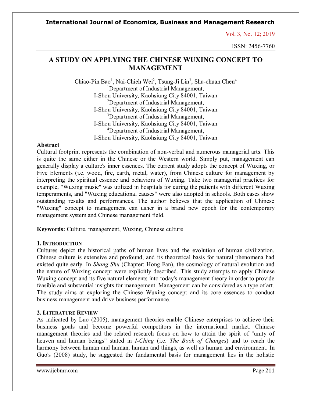 A Study on Applying the Chinese Wuxing Concept to Management