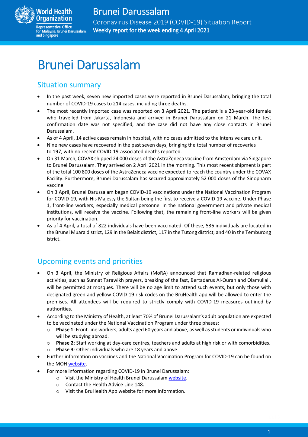 Brunei Darussalam Coronavirus Disease 2019 (COVID-19) Situation Report Weekly Report for the Week Ending 4 April 2021