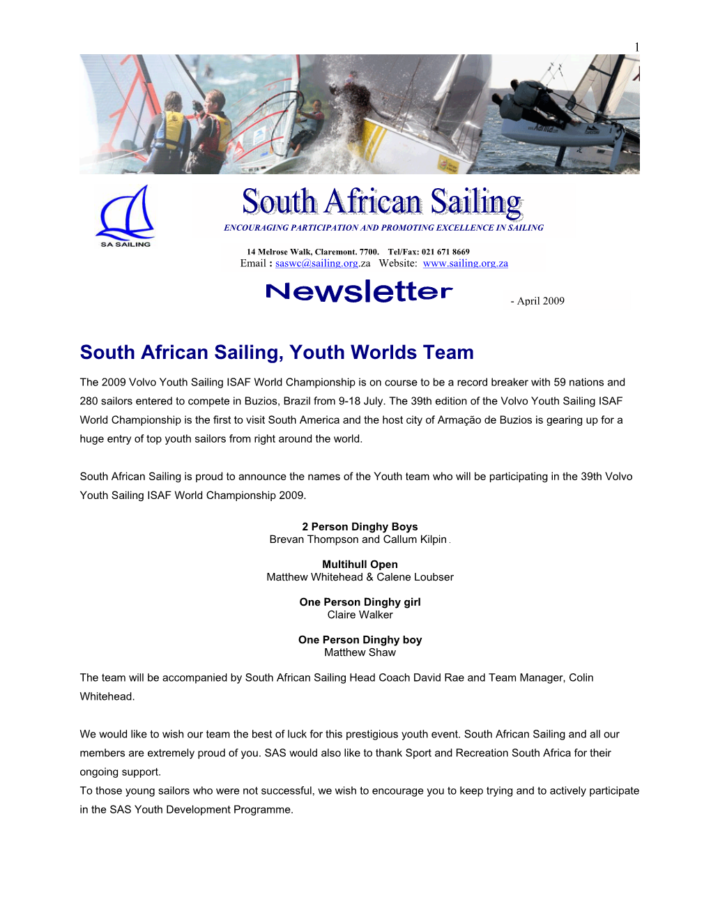 South African Sailing, Youth Worlds Team