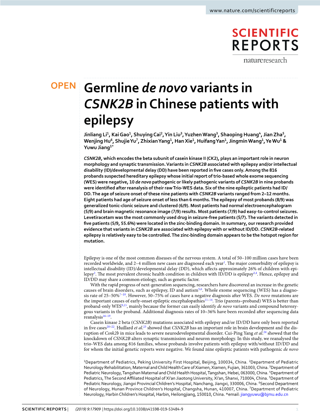 Germline De Novo Variants in CSNK2B in Chinese Patients with Epilepsy