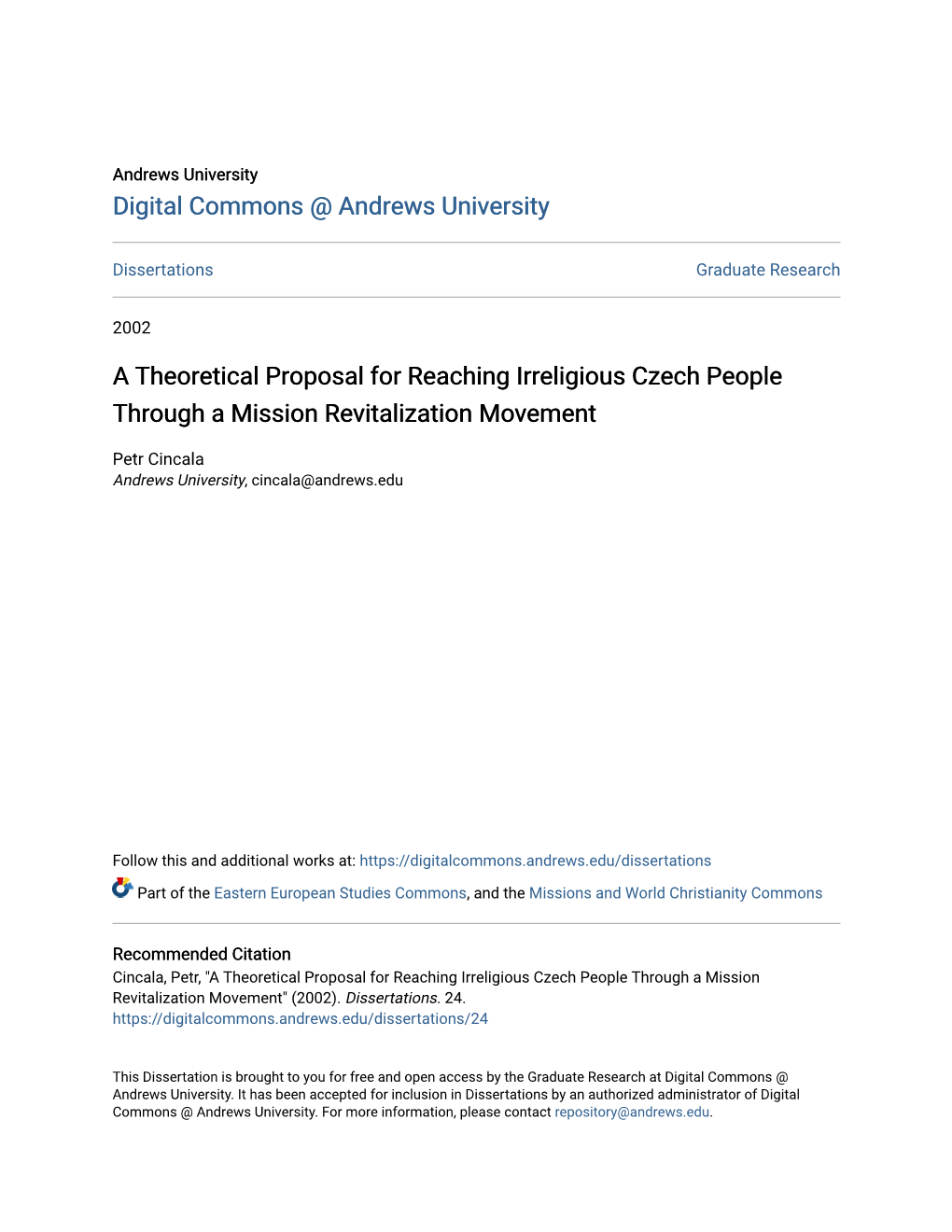 A Theoretical Proposal for Reaching Irreligious Czech People Through a Mission Revitalization Movement