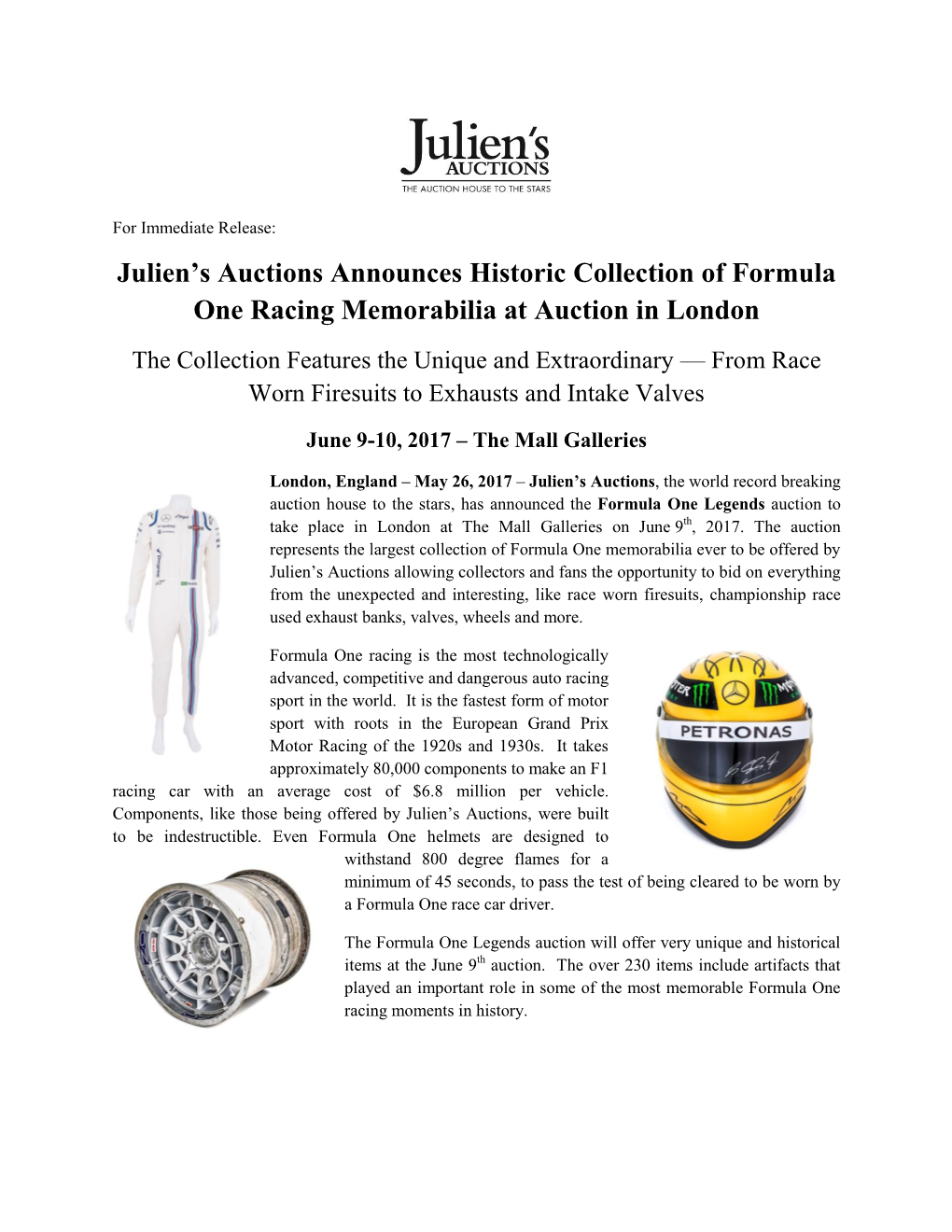 Julien's Auctions Announces Historic Collection of Formula One Racing