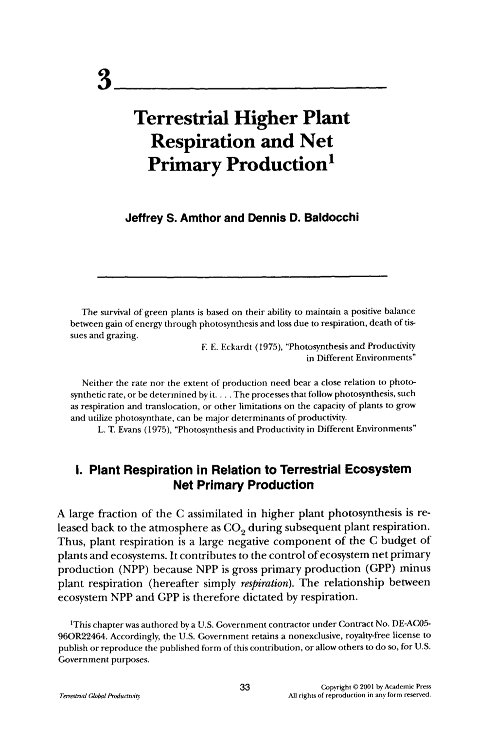 Terrestrial Higher Plant Respiration and Net Primary Production I