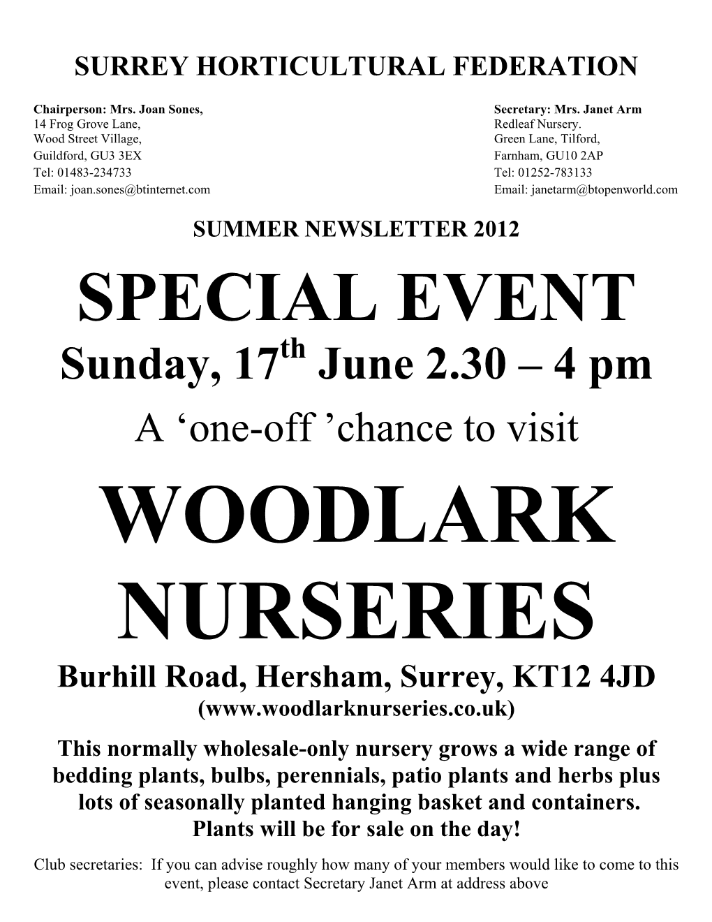 SPECIAL EVENT Sunday, 17Th June 2.30 – 4 Pm