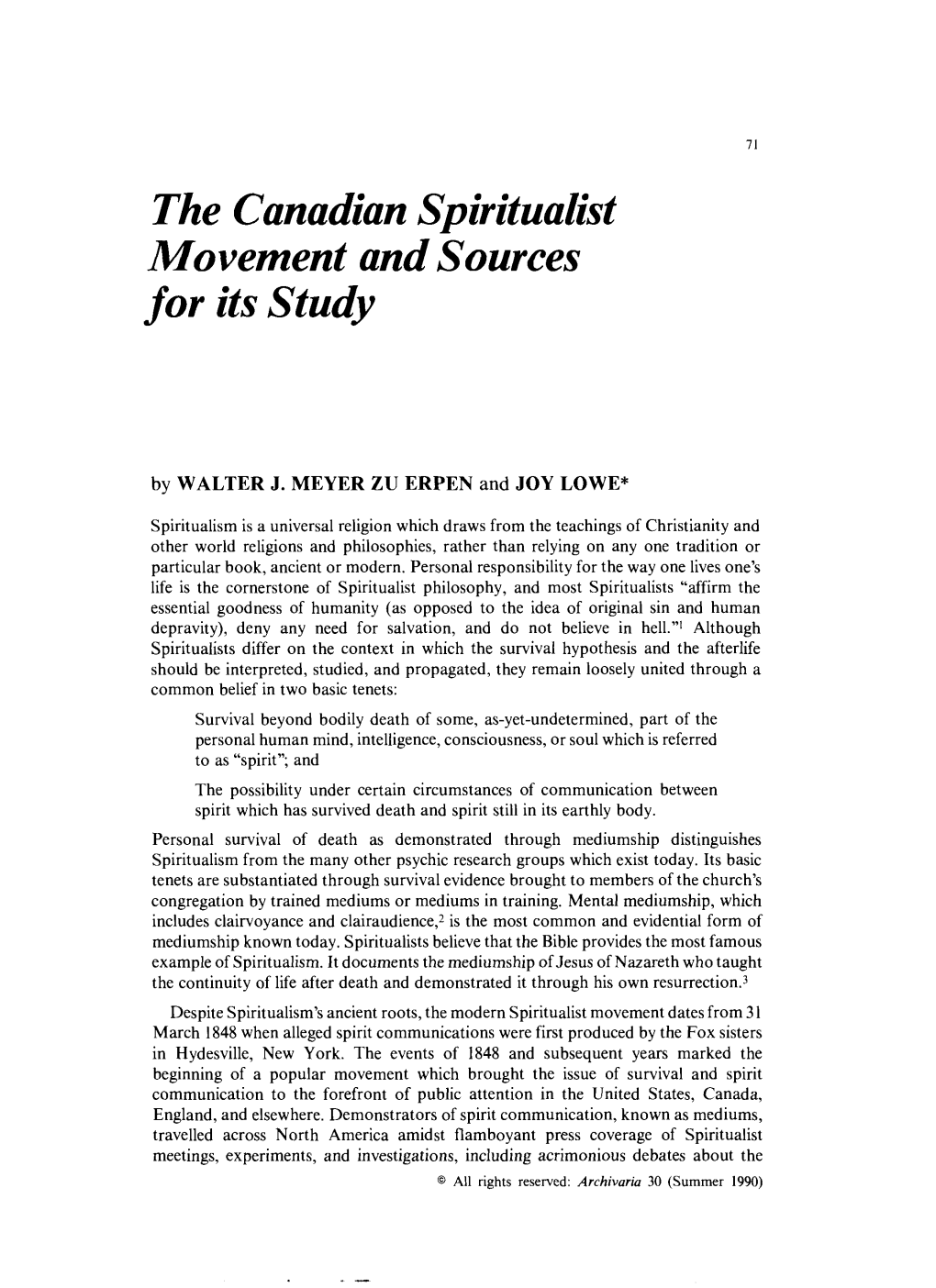 The Canadian Spiritualist Movement and Sources for Its Study