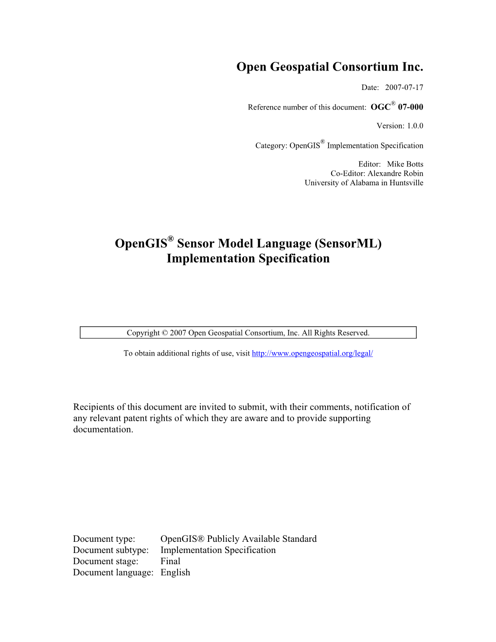 Sensorml) Implementation Specification