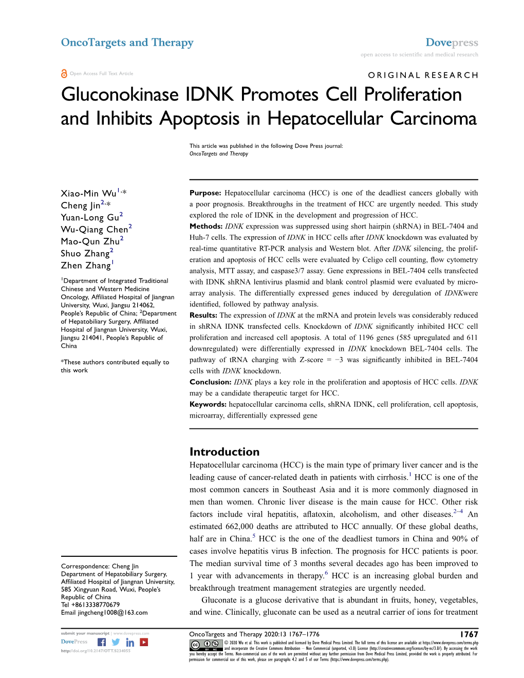 Gluconokinase IDNK Promotes Cell Proliferation and Inhibits Apoptosis in Hepatocellular Carcinoma