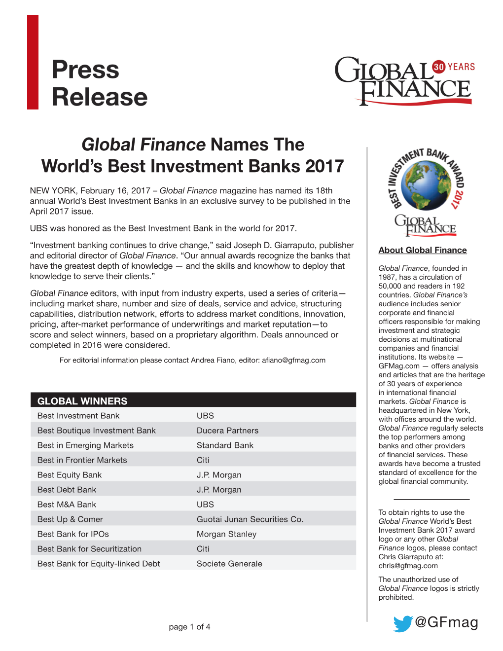 Global Finance Names the World's Best Investment Banks 2017