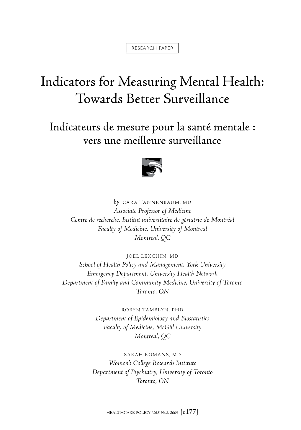 Indicators for Measuring Mental Health: Towards Better Surveillance