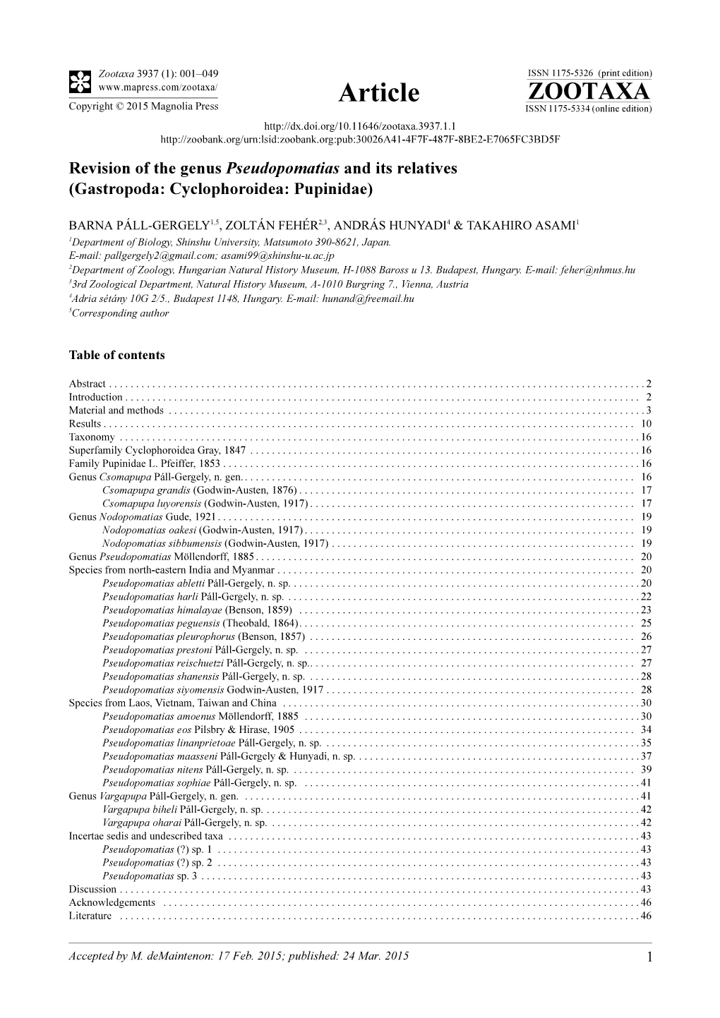 Revision of the Genus Pseudopomatias and Its Relatives (Gastropoda: Cyclophoroidea: Pupinidae)