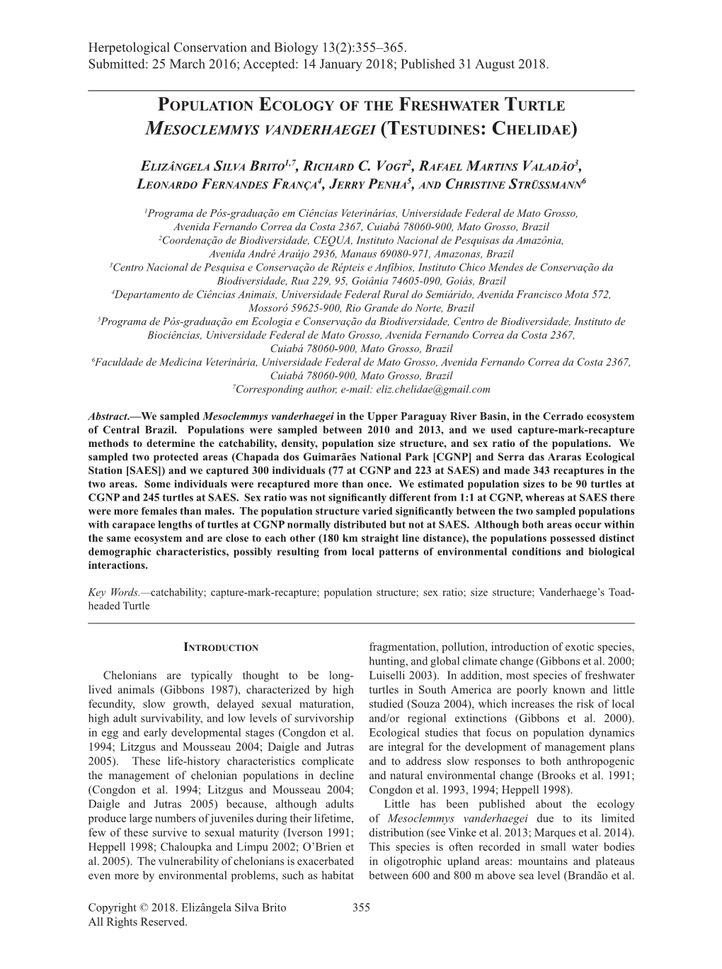 Population Ecology of the Freshwater Turtle Mesoclemmys Vanderhaegei (Testudines: Chelidae)