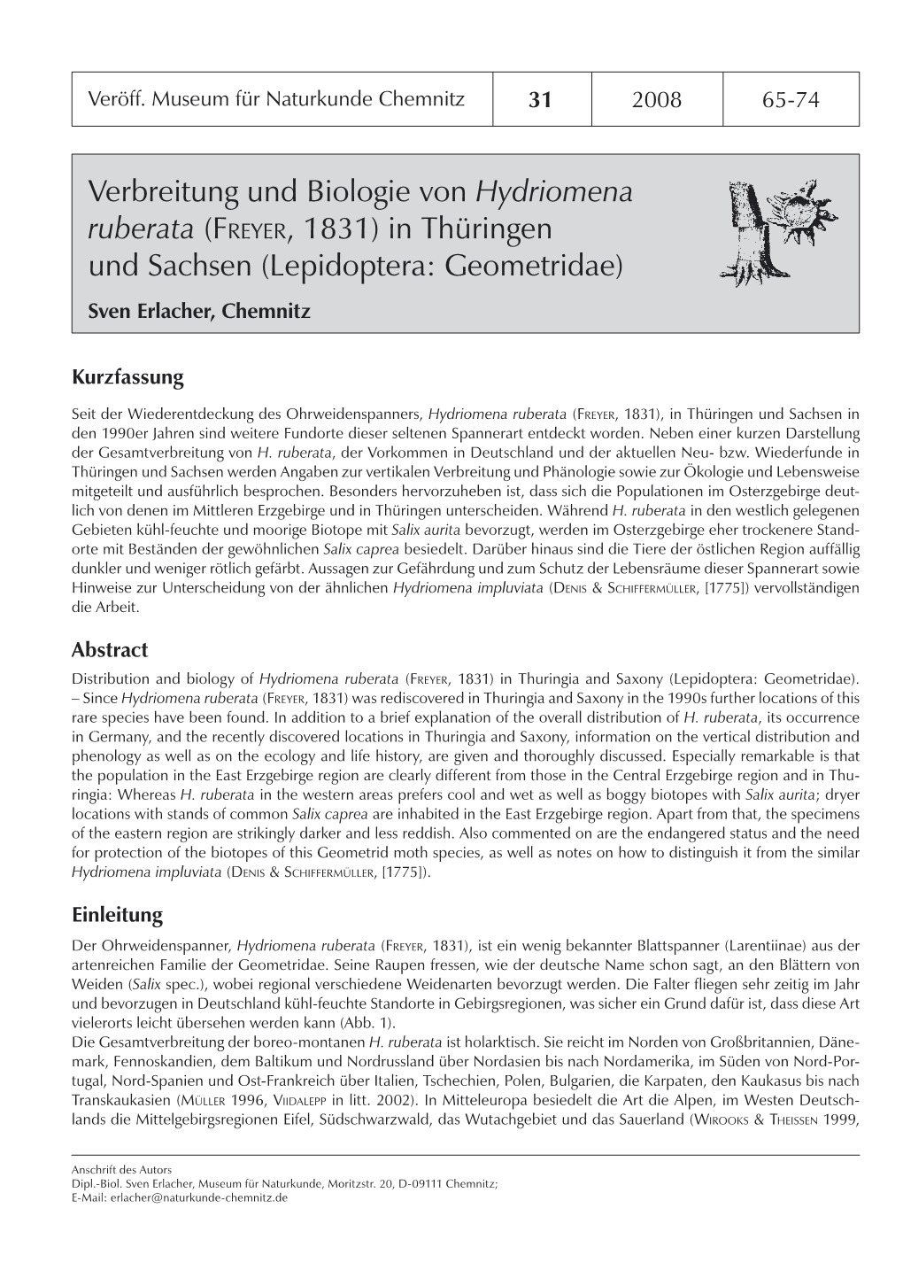 Hydriomena Ruberata (FREYER, 1831) in Thüringen Und Sachsen (Lepidoptera: Geometridae) Sven Erlacher, Chemnitz