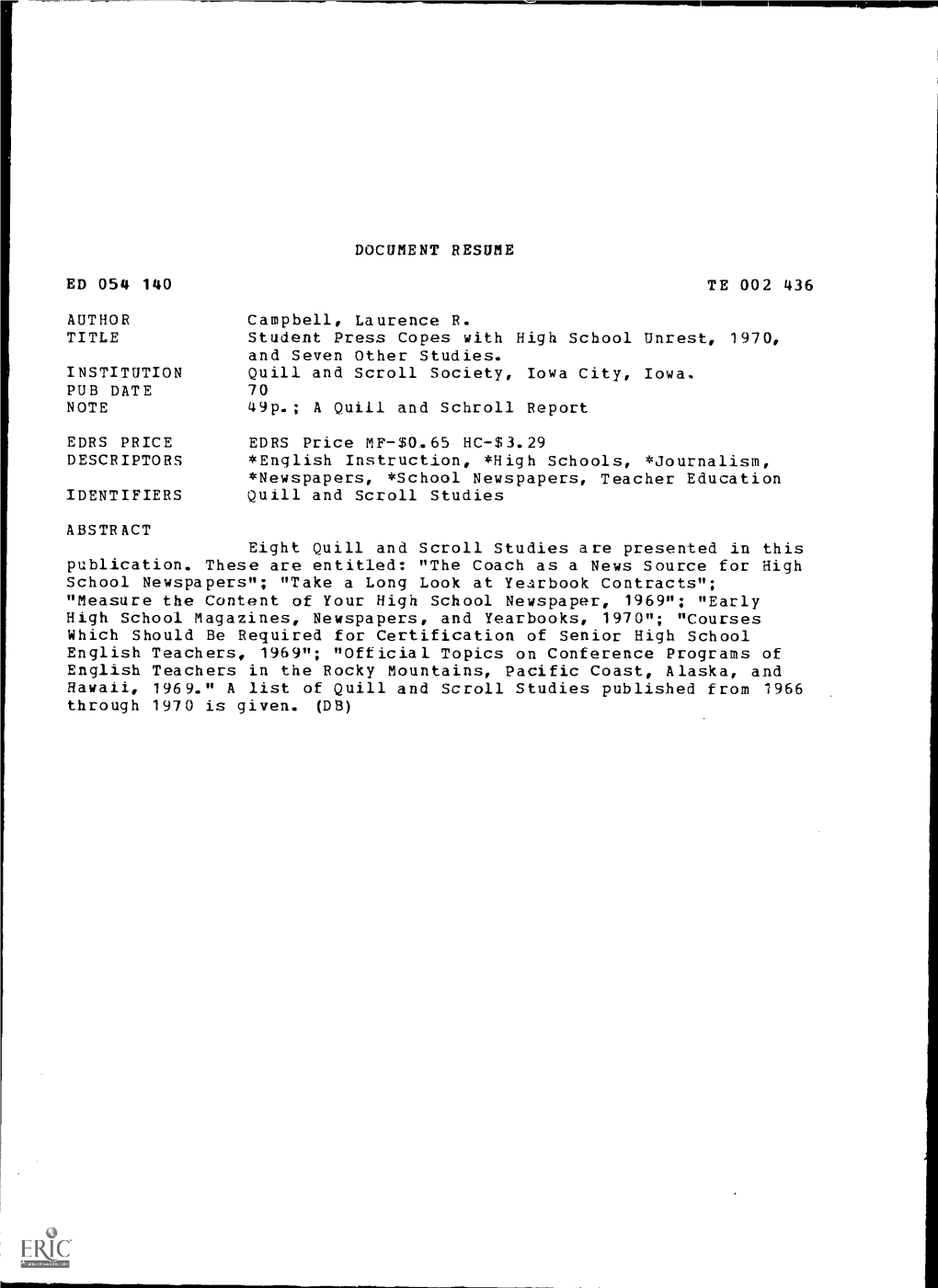 Document Resume Ed 054 140 Te 002 436 Institution Pub