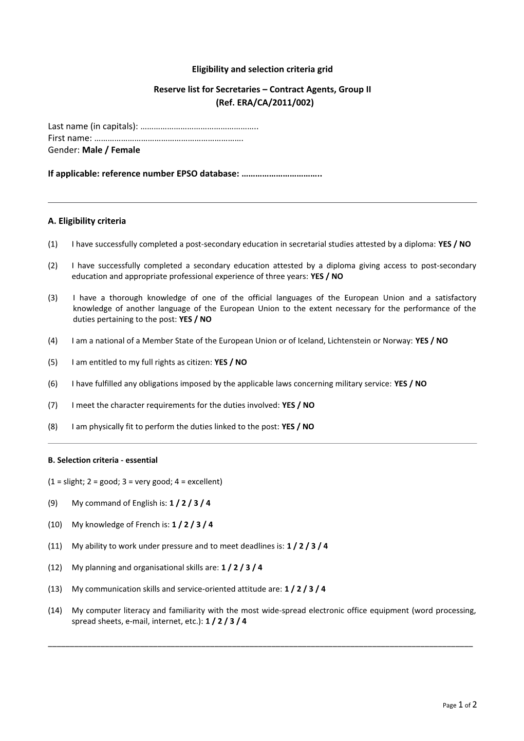 Eligibility and Selection Criteria Grid