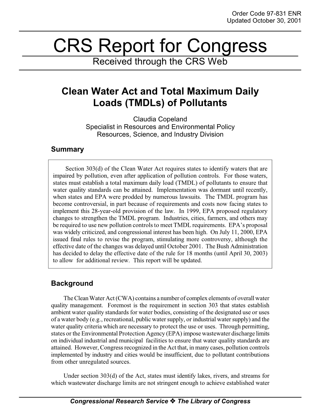 Clean Water Act and Total Maximum Daily Loads (Tmdls) of Pollutants