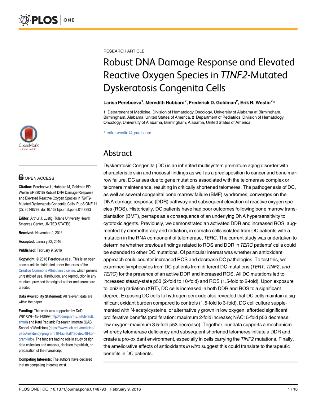 Robust DNA Damage Response and Elevated Reactive Oxygen Species in TINF2-Mutated Dyskeratosis Congenita Cells