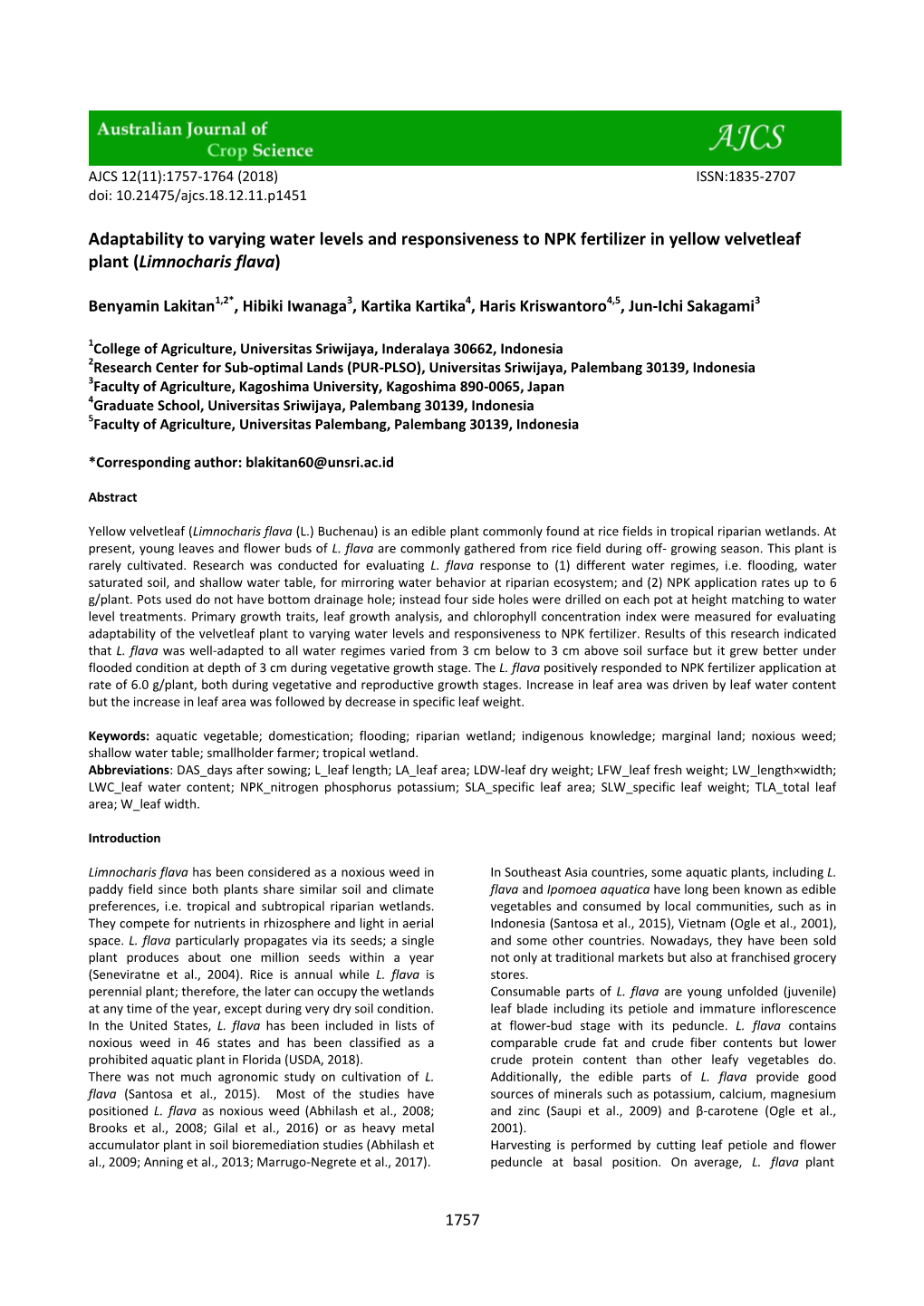 Adaptability to Varying Water Levels and Responsiveness to NPK Fertilizer in Yellow Velvetleaf Plant (Limnocharis Flava)