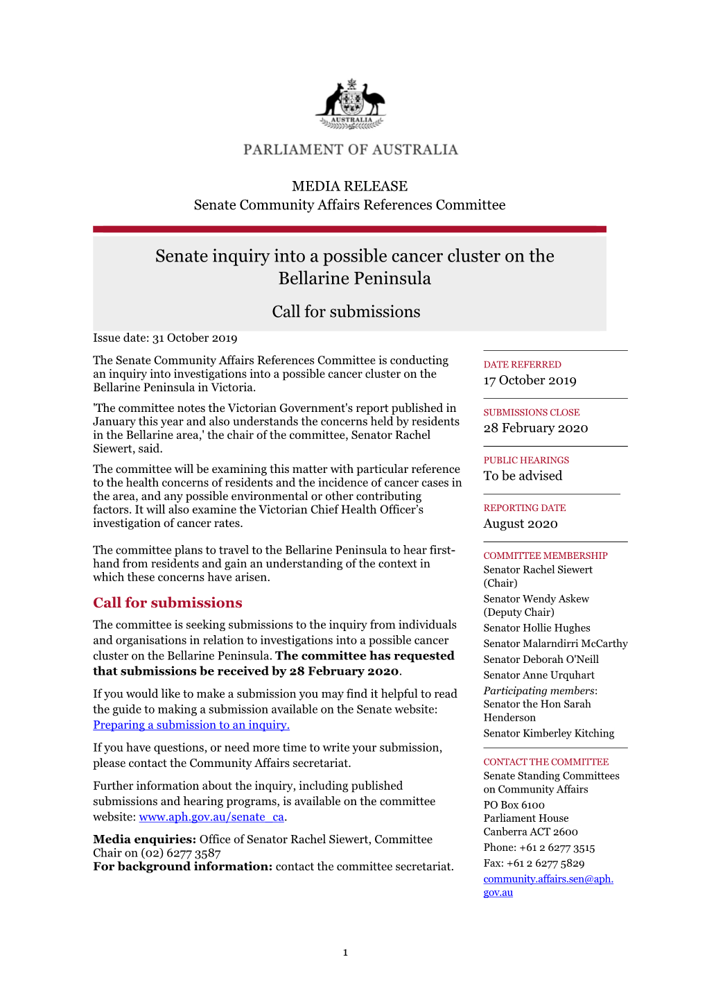 Senate Inquiry Into a Possible Cancer Cluster on the Bellarine Peninsula Call for Submissions Issue Date: 31 October 2019