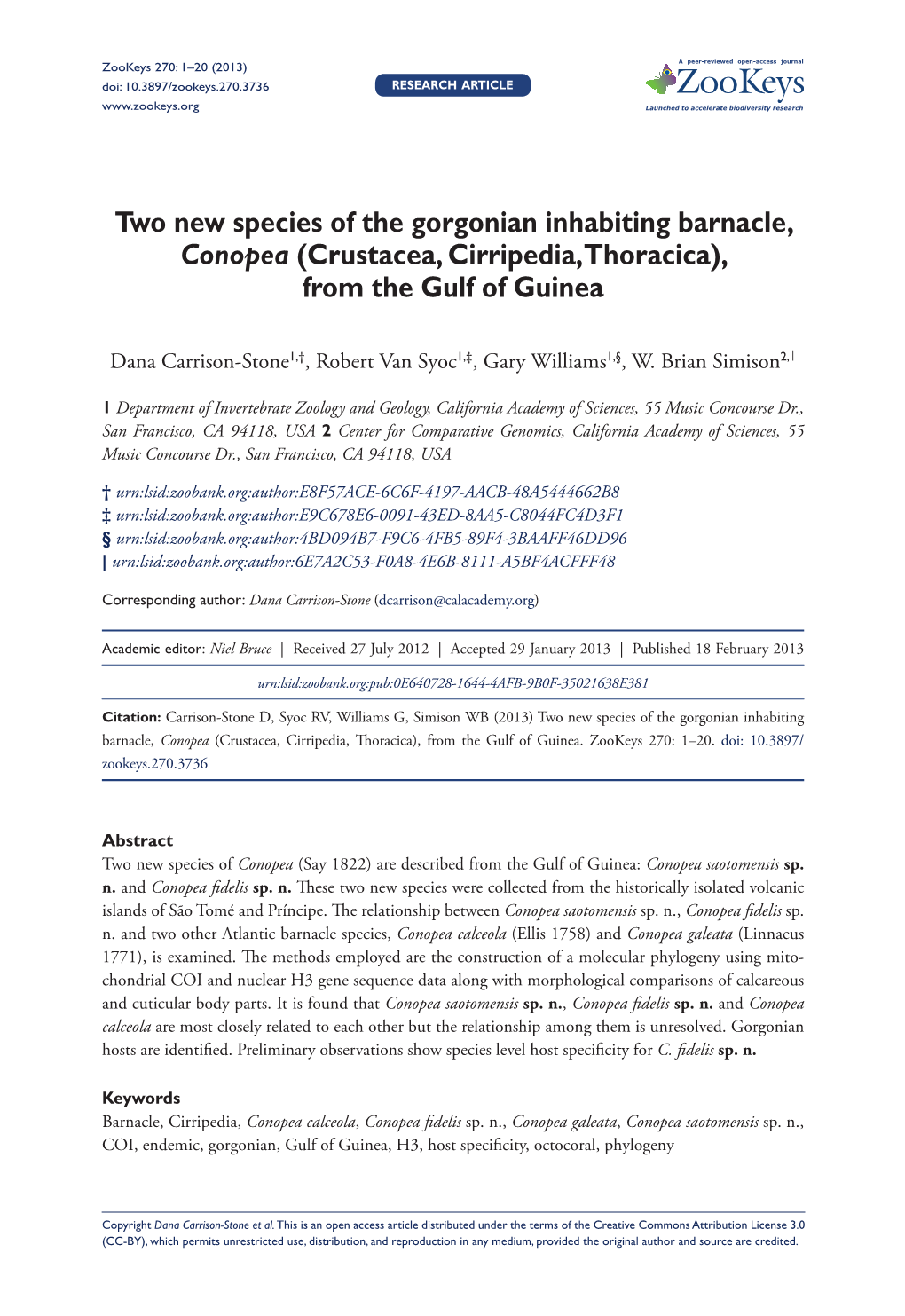 Two New Species of the Gorgonian Inhabiting Barnacle, Conopea