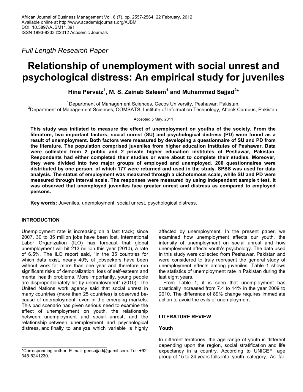 Relationship of Unemployment with Social Unrest and Psychological Distress: an Empirical Study for Juveniles
