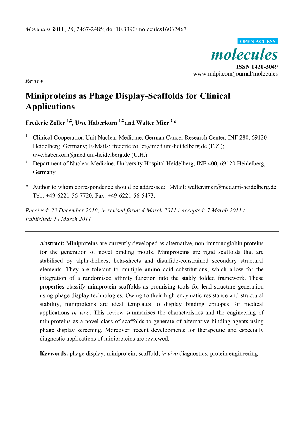 Miniproteins As Phage Display-Scaffolds for Clinical Applications