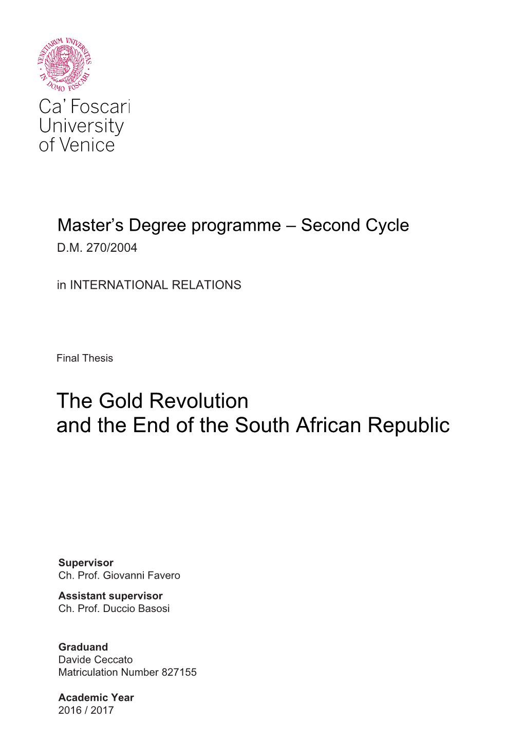 The Gold Revolution and the End of the South African Republic