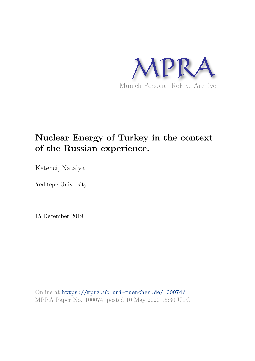 Nuclear Energy of Turkey in the Context of the Russian Experience