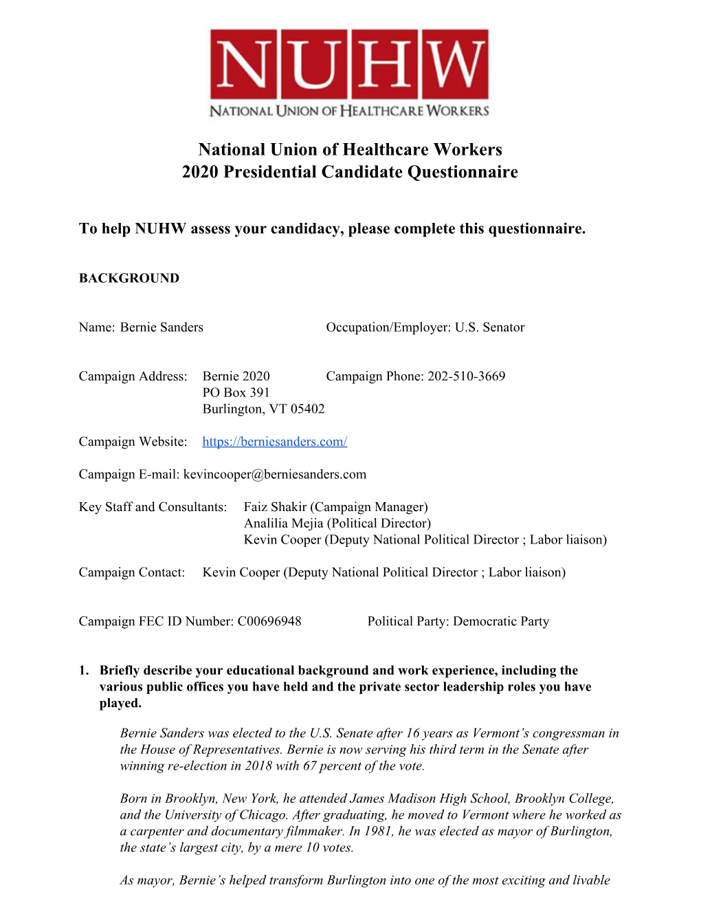 National Union of Healthcare Workers 2020 Presidential Candidate Questionnaire