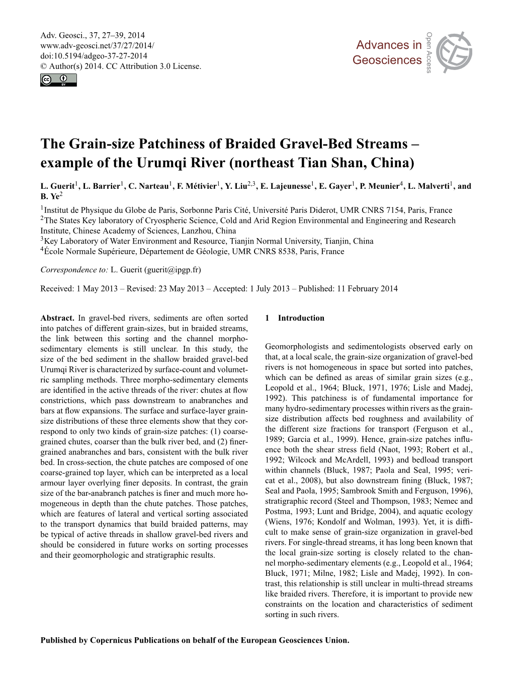 The Grain-Size Patchiness of Braided Gravel-Bed Streams – Example of the Urumqi River (Northeast Tian Shan, China)