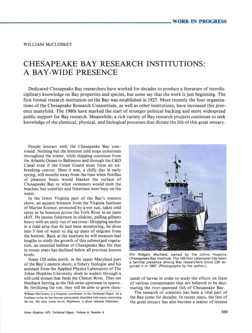 Chesapeake Bay Research Institutions: a Bay-Wide Presence