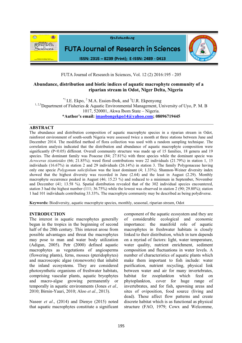 Abundance, Distribution and Biotic Indices of Aquatic Macrophyte Community of a Riparian Stream in Odot, Niger Delta, Nigeria