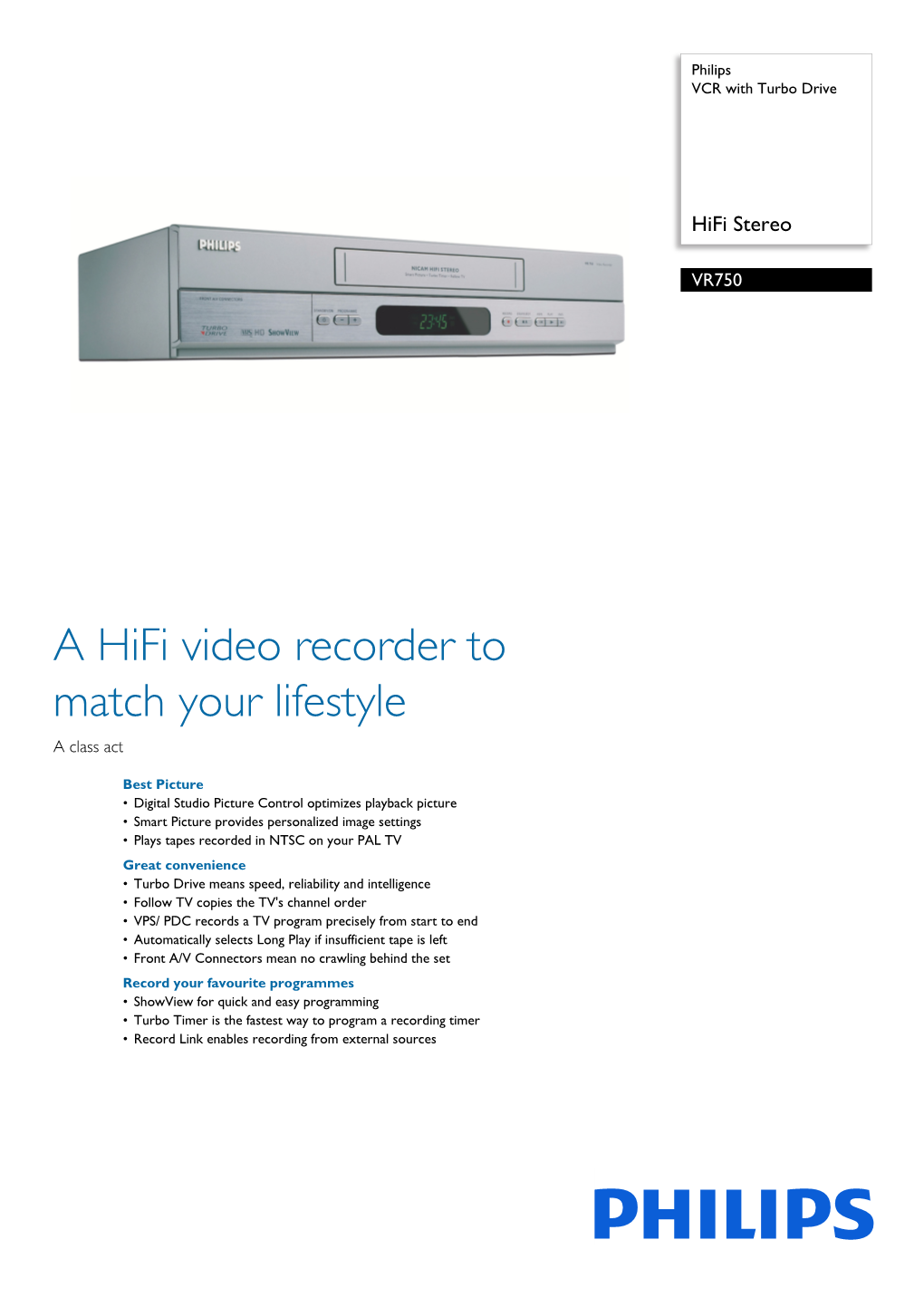 VR750/58 Philips VCR with Turbo Drive