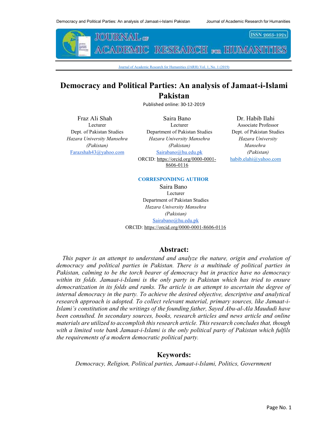 Democracy and Political Parties: an Analysis of Jamaat-I-Islami Pakistan Journal of Academic Research for Humanities