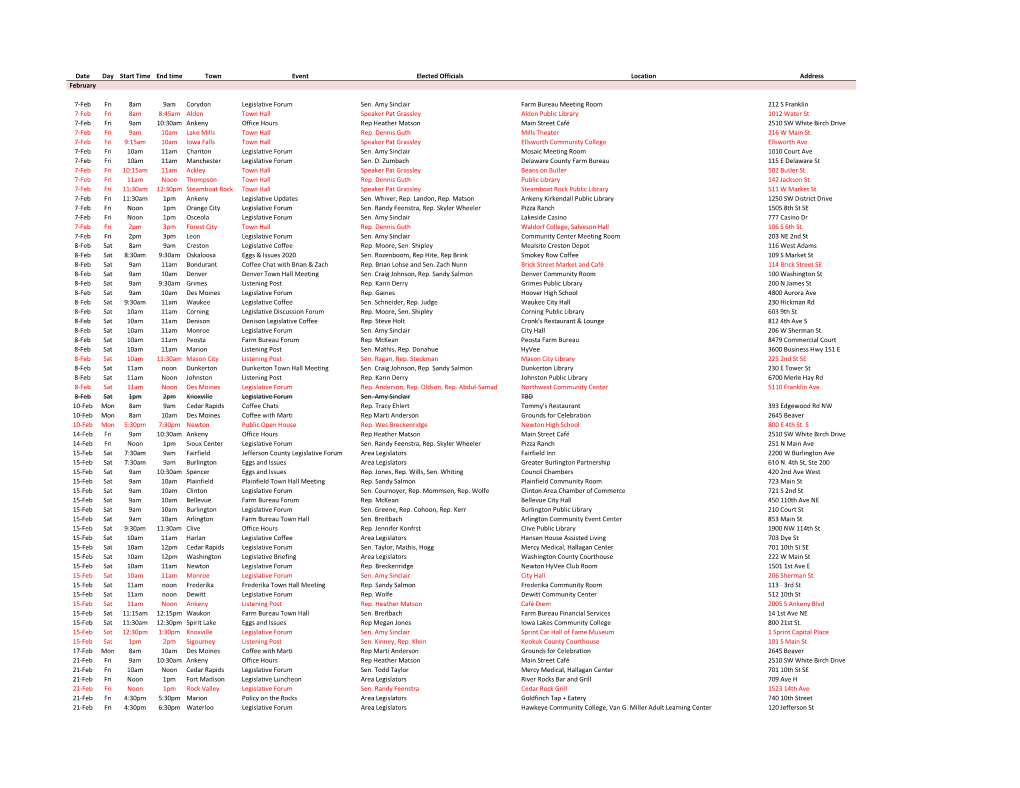Date Day Start Time End Time Town Event Elected Officials Location Address February