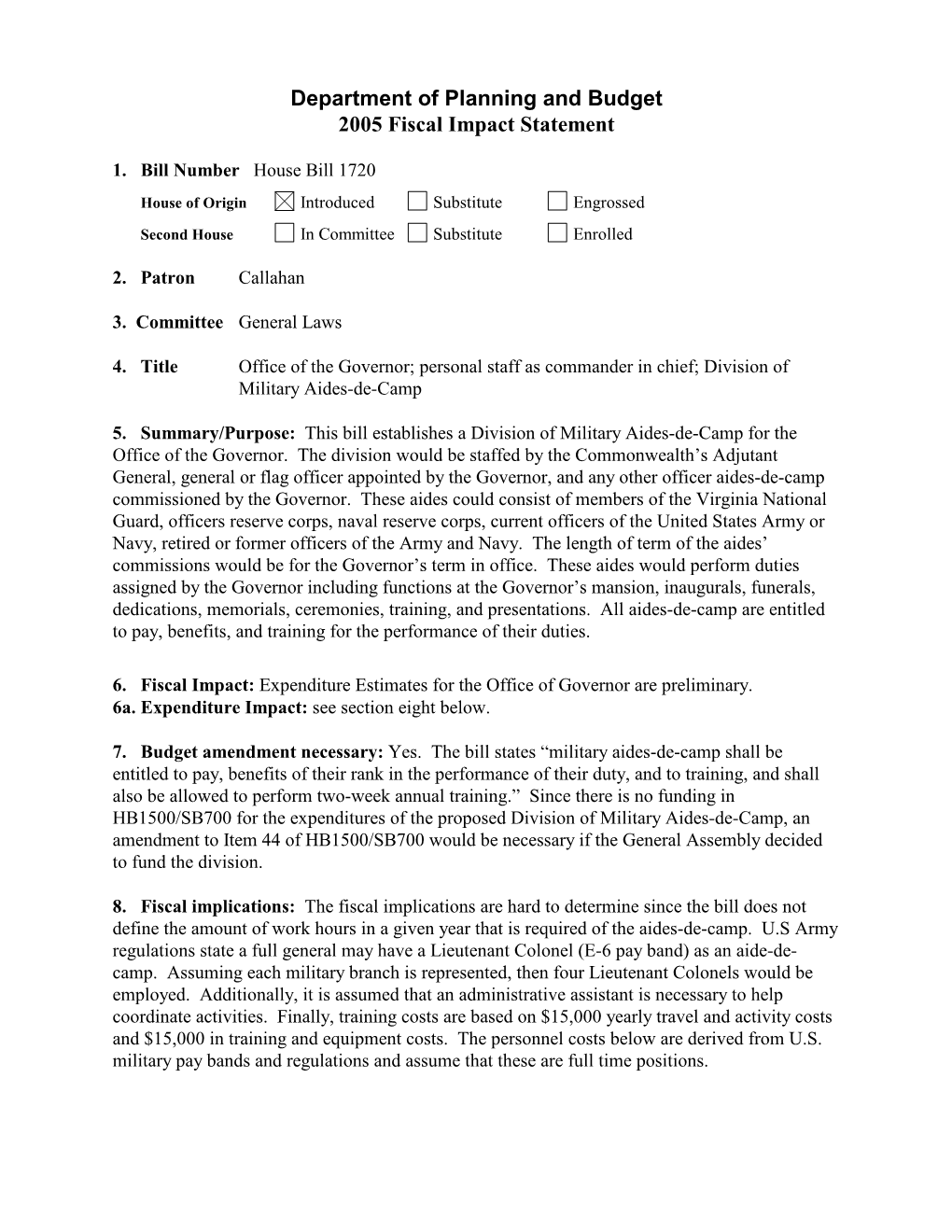 Department of Planning and Budget 2005 Fiscal Impact Statement