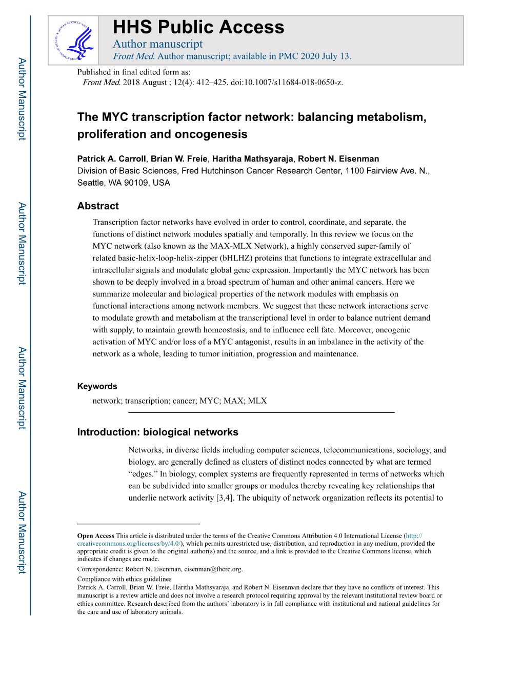 The MYC Transcription Factor Network: Balancing Metabolism, Proliferation and Oncogenesis