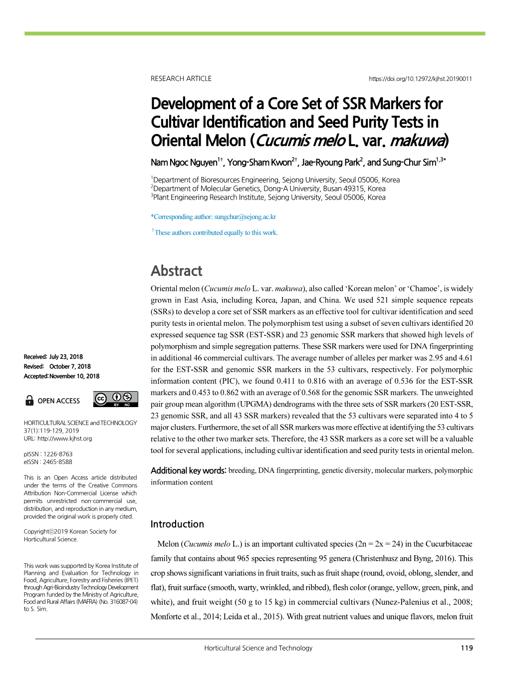 Development of a Core Set of SSR Markers for Cultivar Identification and Seed Purity Tests in Oriental Melon (Cucumis Melo L